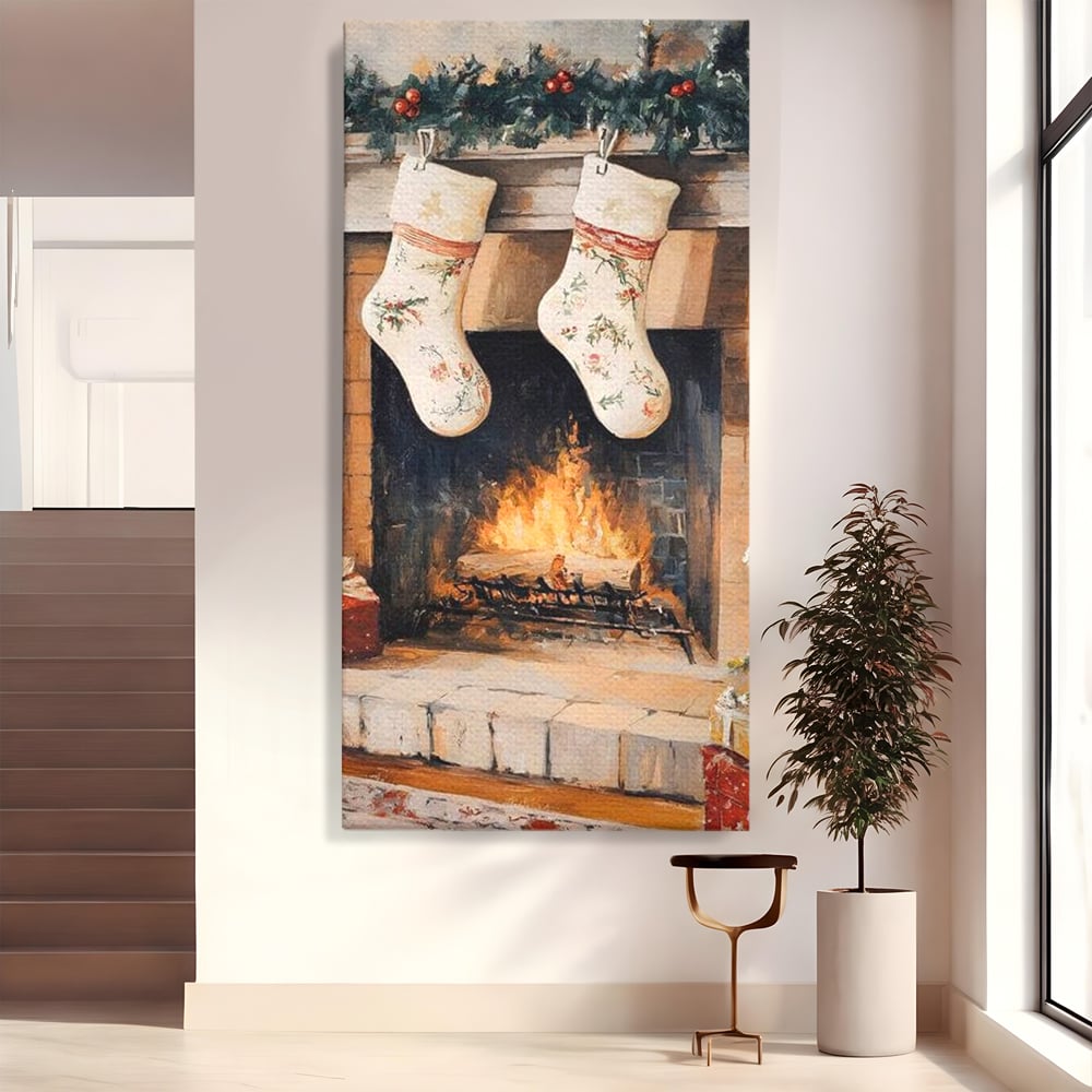 Tablou canvas cu tablou canvas cu ciorapi pe semineu, fara rama, pe sasiu de lemn